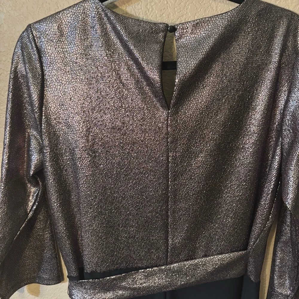 NWT Nina Leonard Jumpsuit Medium Metallic Silver Reptile Print Black Pants Flowy - Picture 6 of 15
